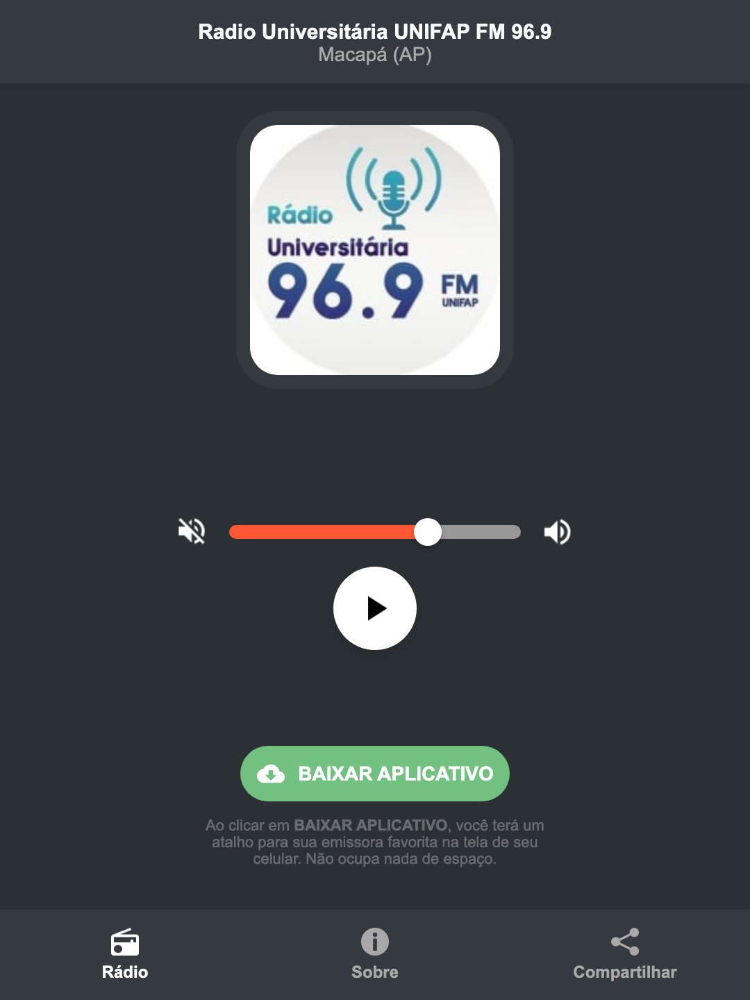Screenshot do aplicativo da Radio Universitária UNIFAP FM 96.9