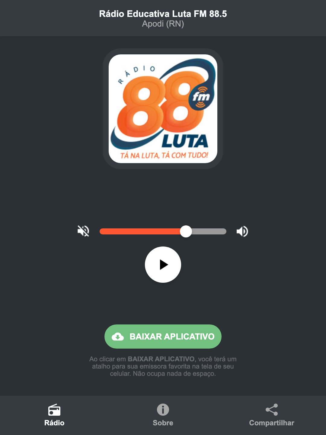 Screenshot do aplicativo da Rádio Educativa Luta FM 88.5