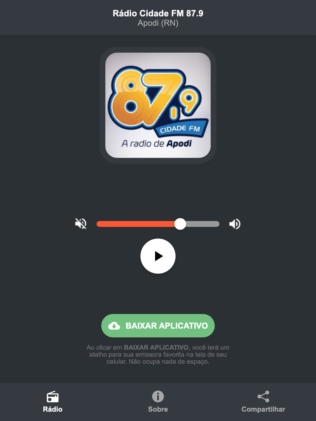 Screenshot do aplicativo da Rádio Cidade FM 87.9