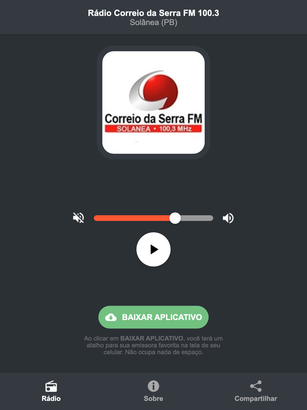 Screenshot do aplicativo da Rádio Correio da Serra FM 100.3