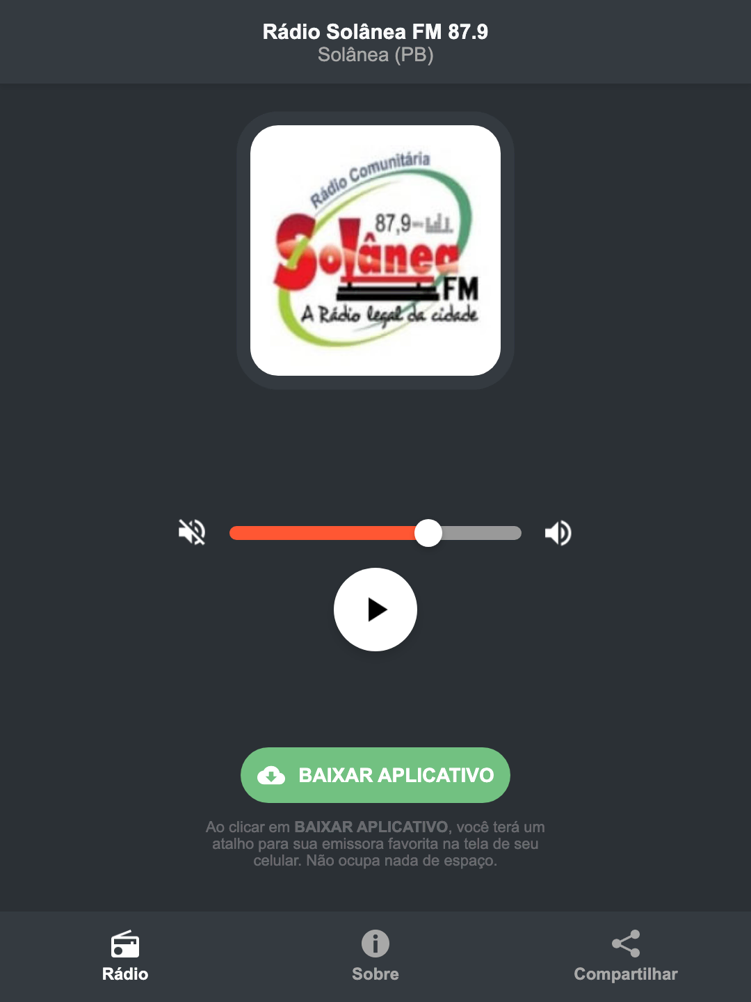 Screenshot do aplicativo da Rádio Solânea FM 87.9