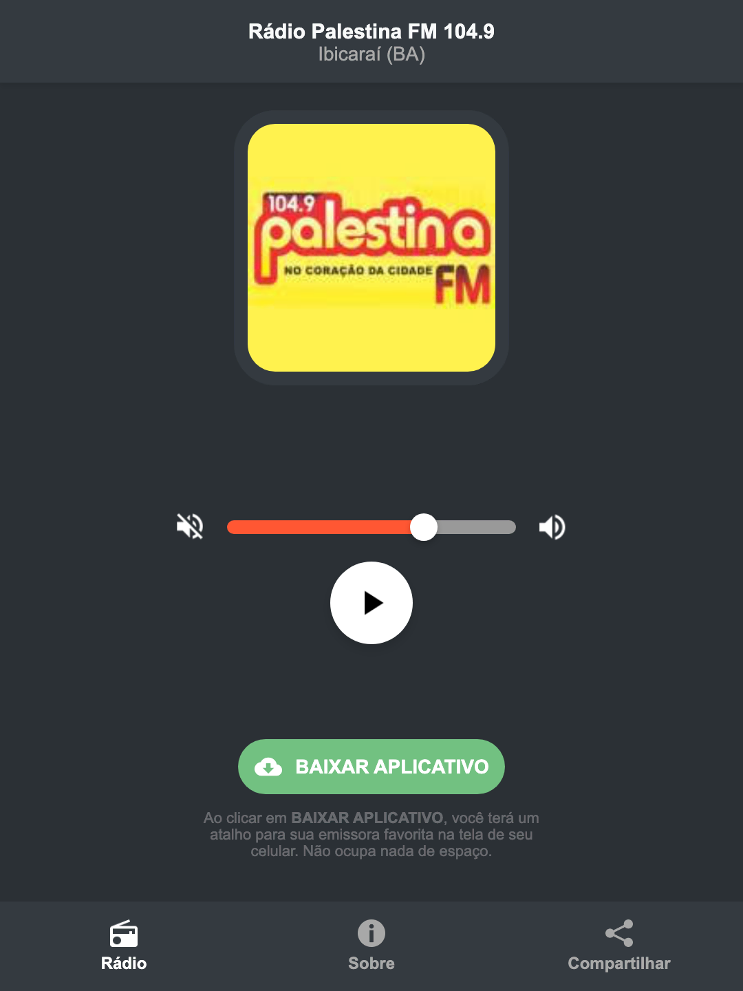 Screenshot do aplicativo da Rádio Palestina FM 104.9