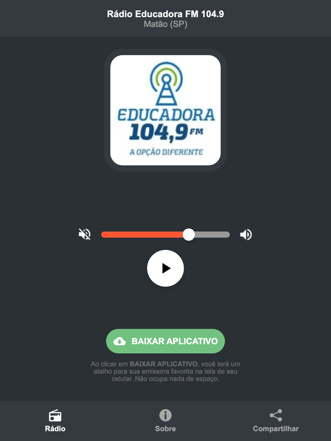 Screenshot do aplicativo da Rádio Educadora FM 104.9