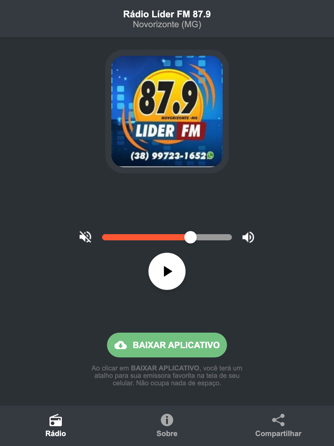 Screenshot do aplicativo da Rádio Líder FM 87.9
