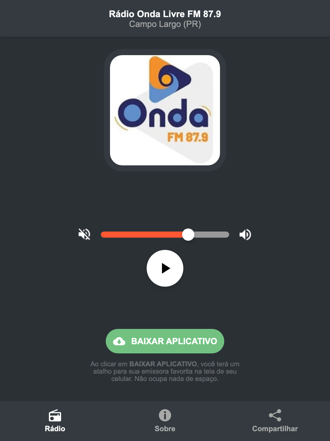 Screenshot do aplicativo da Rádio Onda Livre FM 87.9