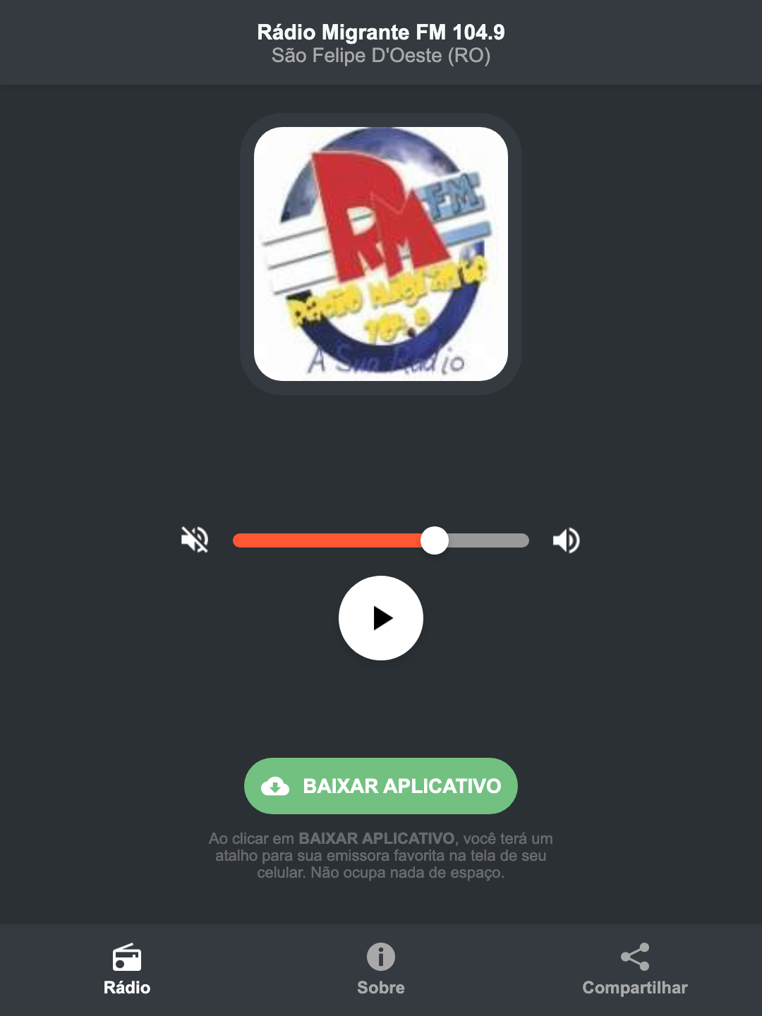 Screenshot do aplicativo da Rádio Migrante FM 104.9