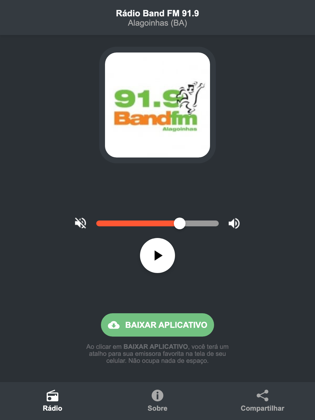 Screenshot do aplicativo da Rádio Band FM 91.9