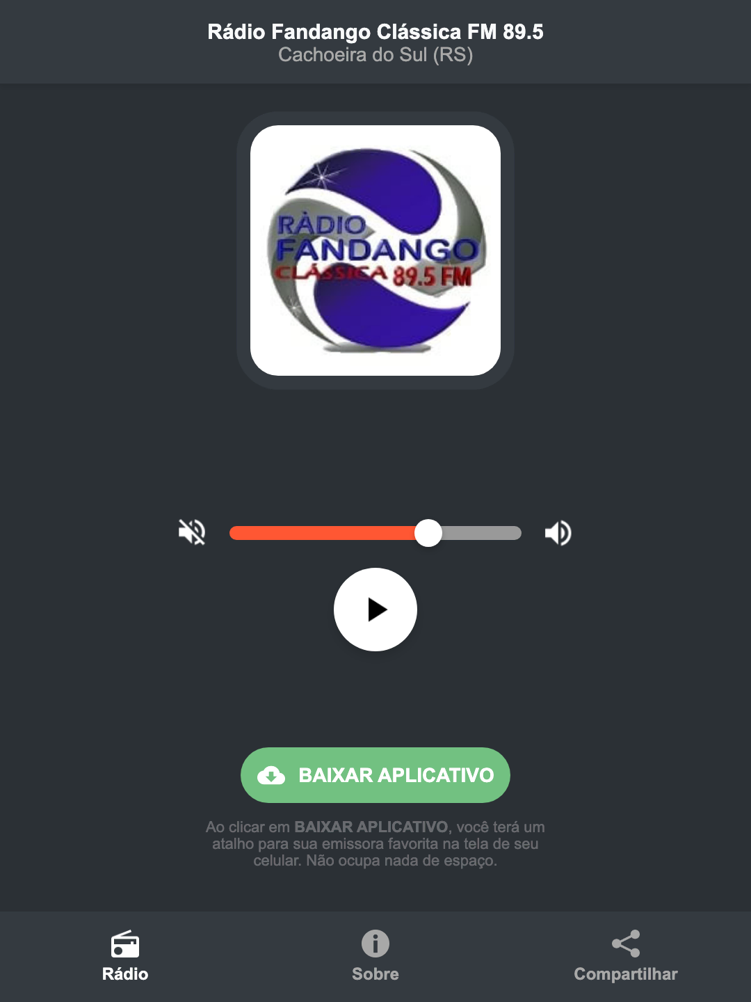 Screenshot do aplicativo da Rádio Fandango Clássica FM 89.5
