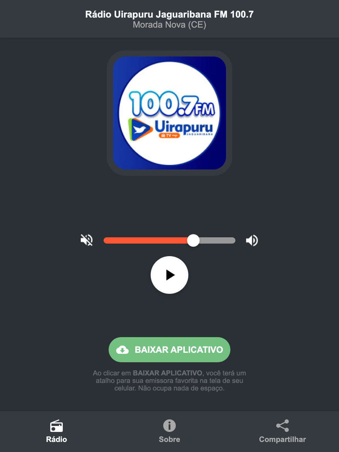 Screenshot do aplicativo da Rádio Uirapuru Jaguaribana FM 100.7