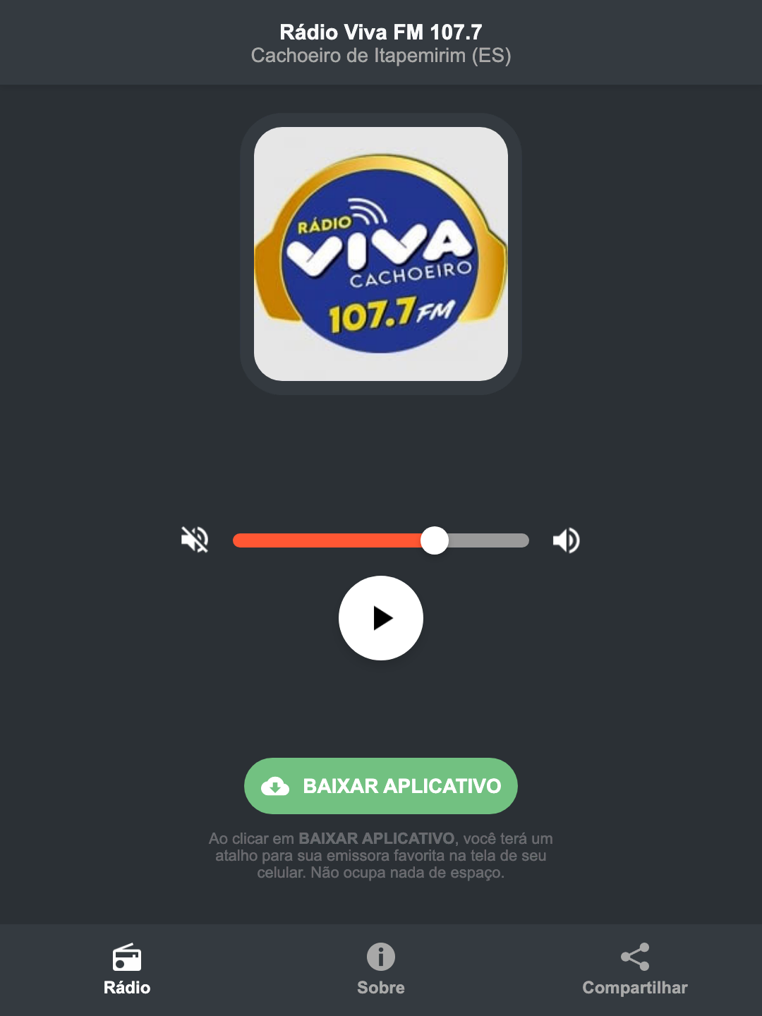 Screenshot do aplicativo da Rádio Viva FM 107.7