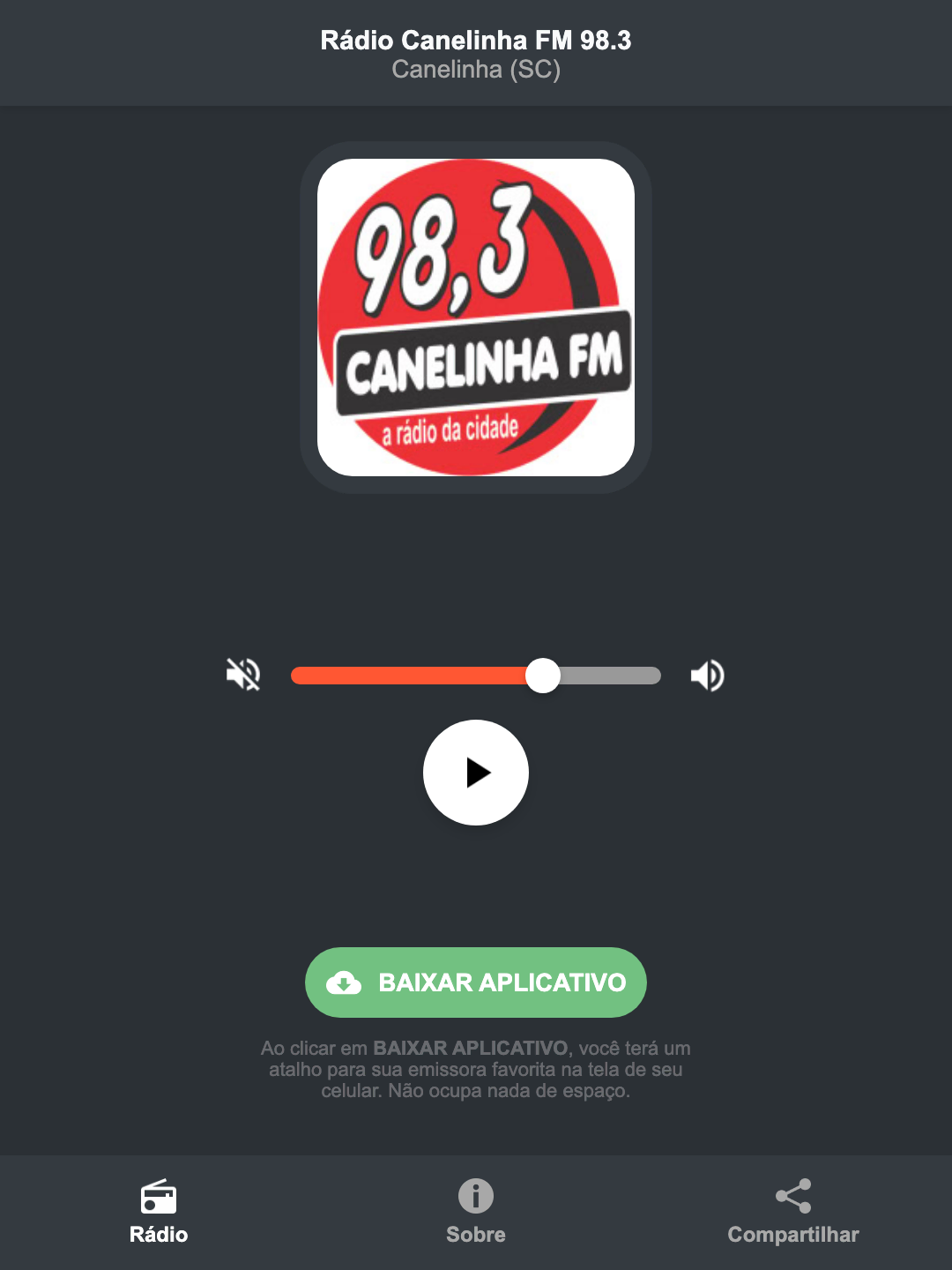 Screenshot do aplicativo da Rádio Canelinha FM 98.3