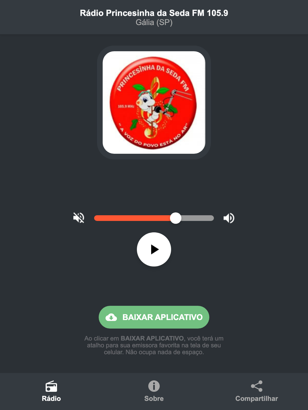Screenshot do aplicativo da Rádio Princesinha da Seda FM 105.9
