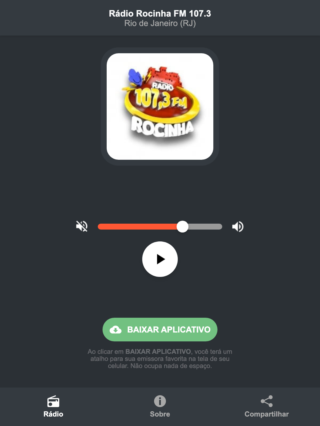 Screenshot do aplicativo da Rádio Rocinha FM 107.3