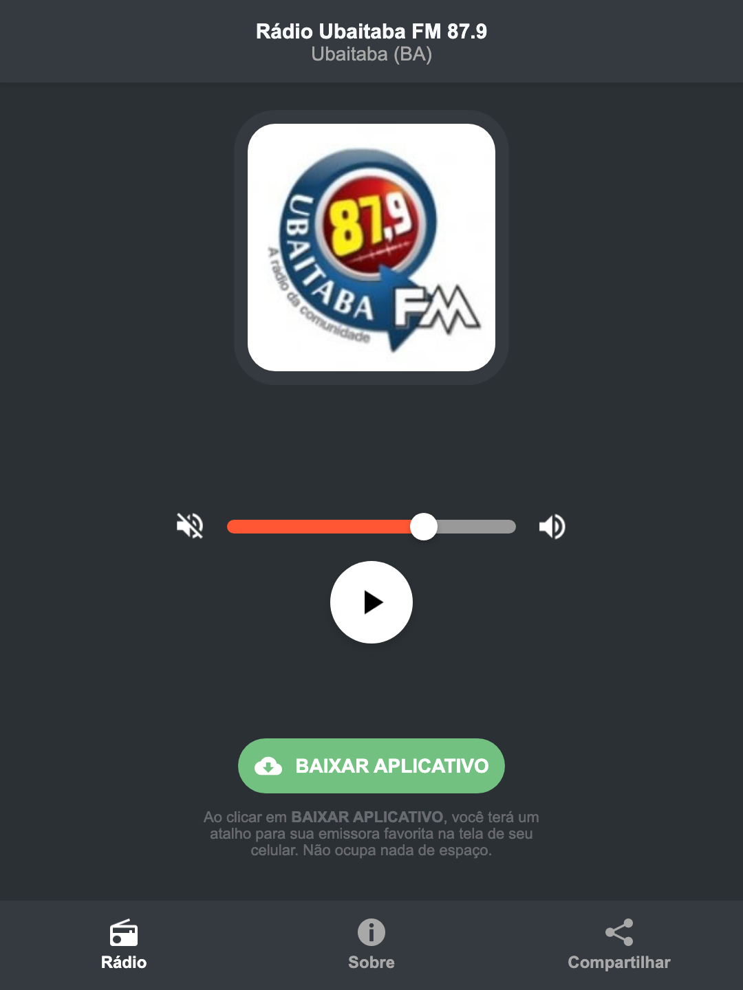 Screenshot do aplicativo da Rádio Ubaitaba FM 87.9