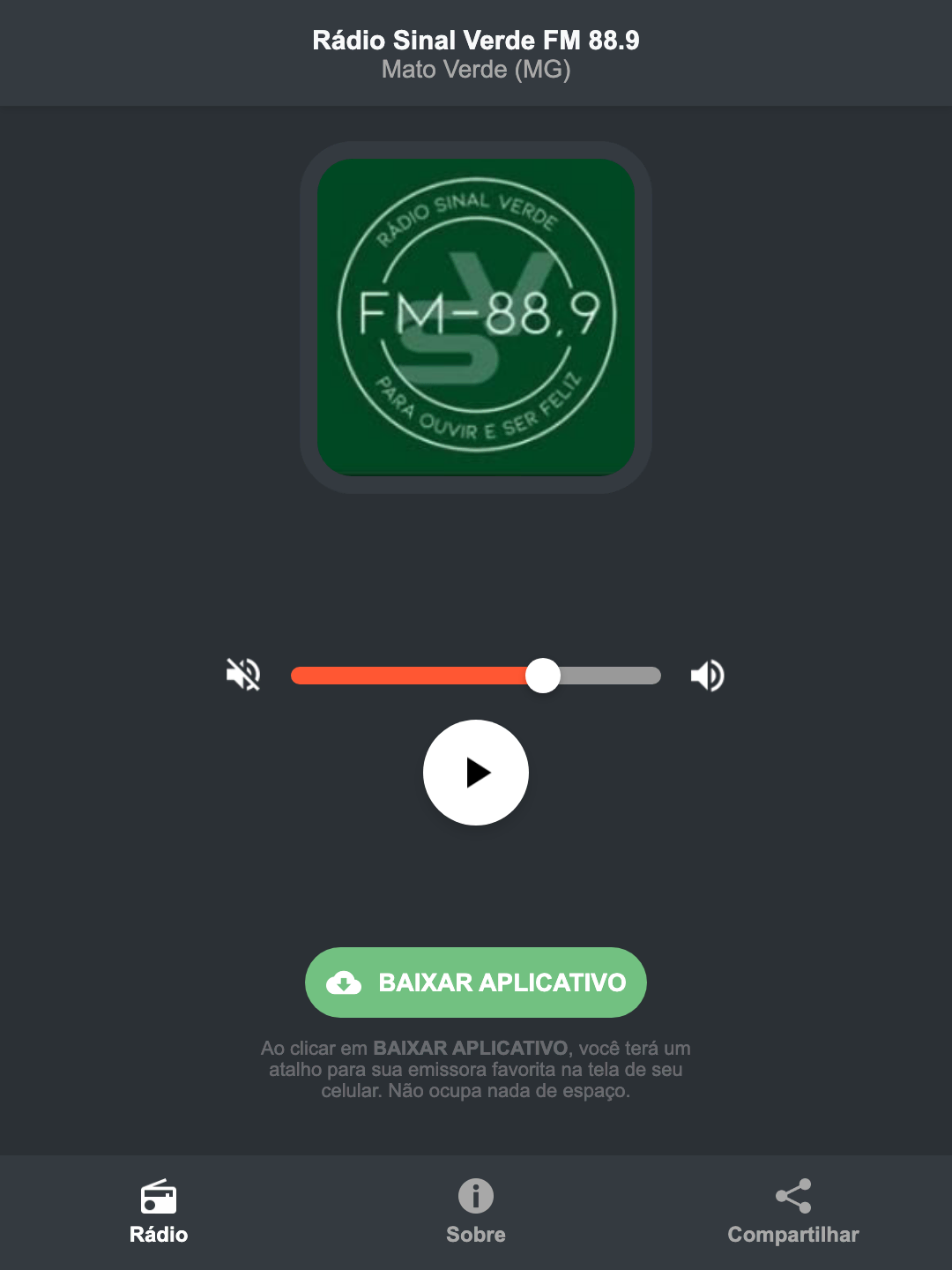 Screenshot do aplicativo da Rádio Sinal Verde FM 88.9