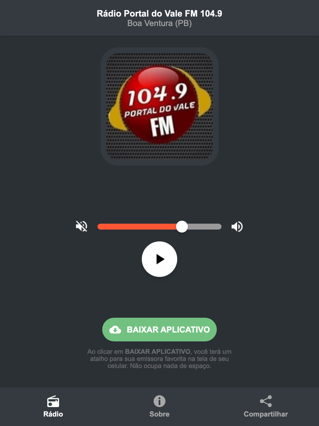Screenshot do aplicativo da Rádio Portal do Vale FM 104.9