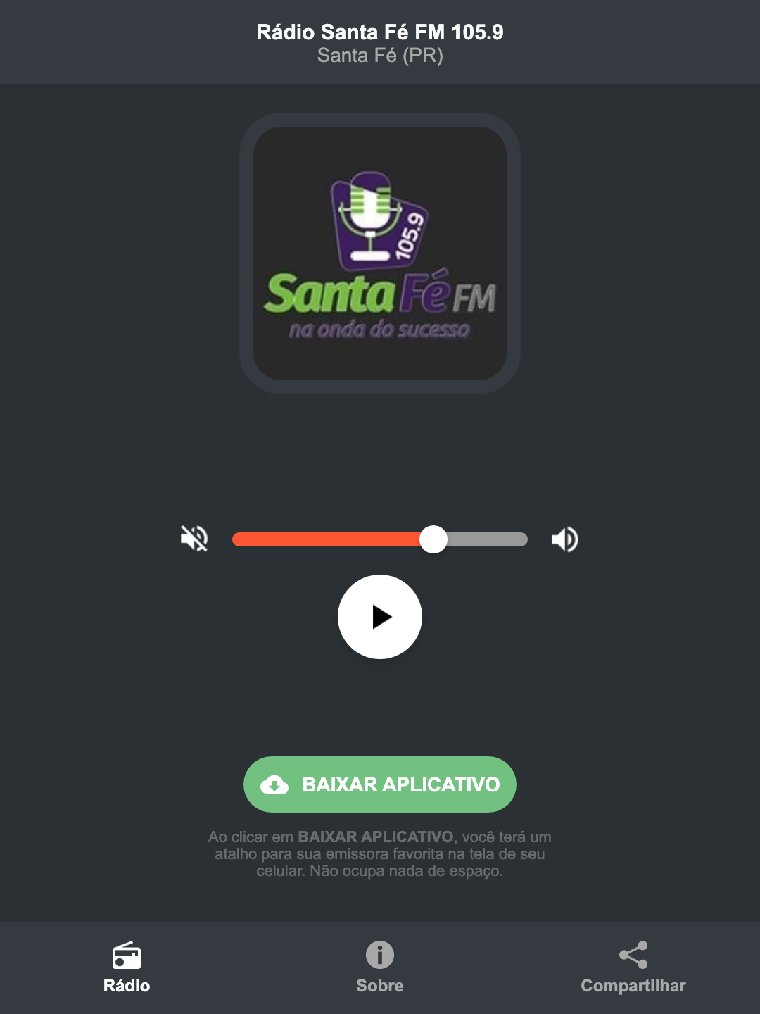 Screenshot do aplicativo da Rádio Santa Fé FM 105.9