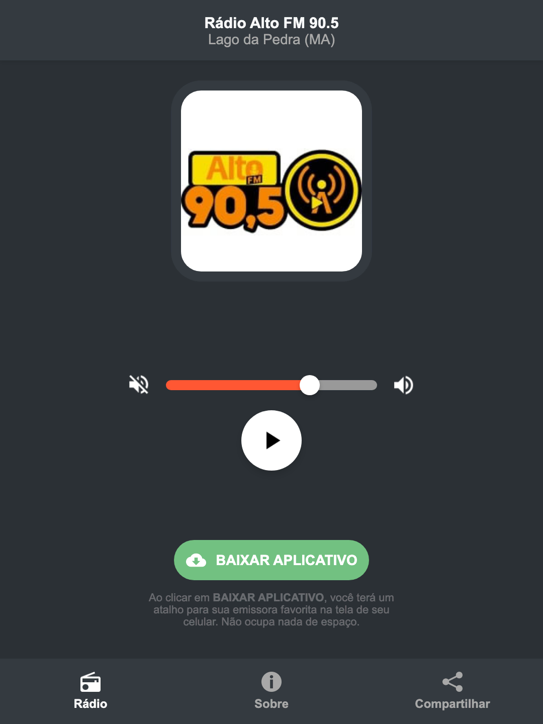 Screenshot do aplicativo da Rádio Alto FM 90.5