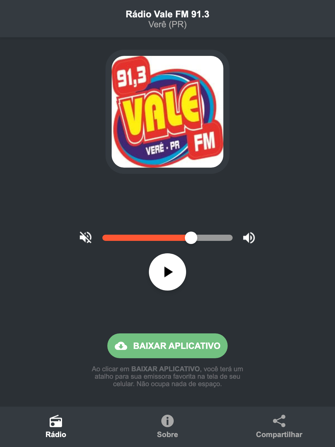 Screenshot do aplicativo da Rádio Vale FM 91.3