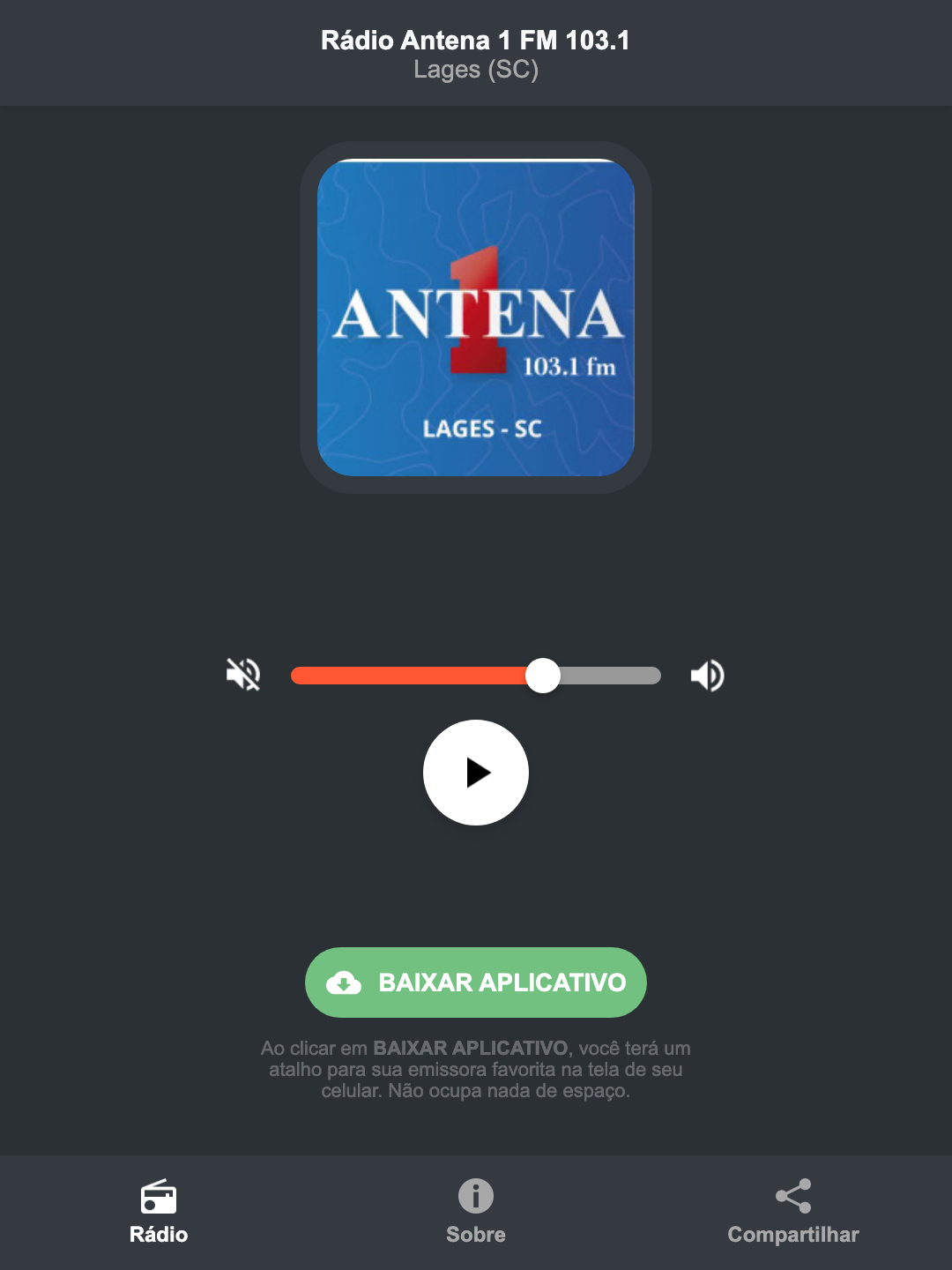Screenshot do aplicativo da Rádio Antena 1 FM 103.1