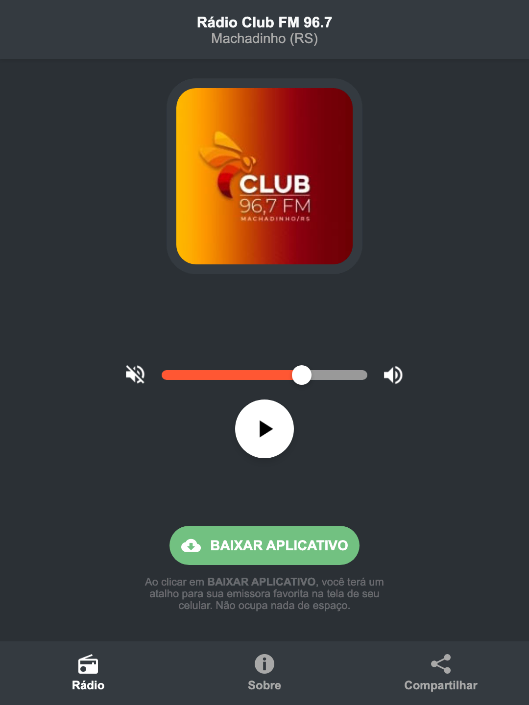 Screenshot do aplicativo da Rádio Club FM 96.7