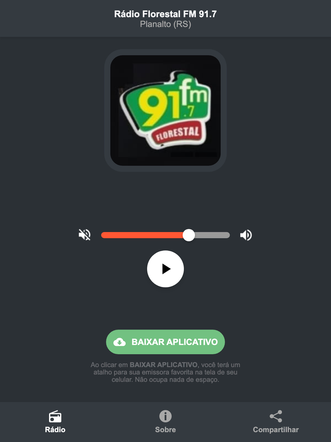 Screenshot do aplicativo da Rádio Florestal FM 91.7