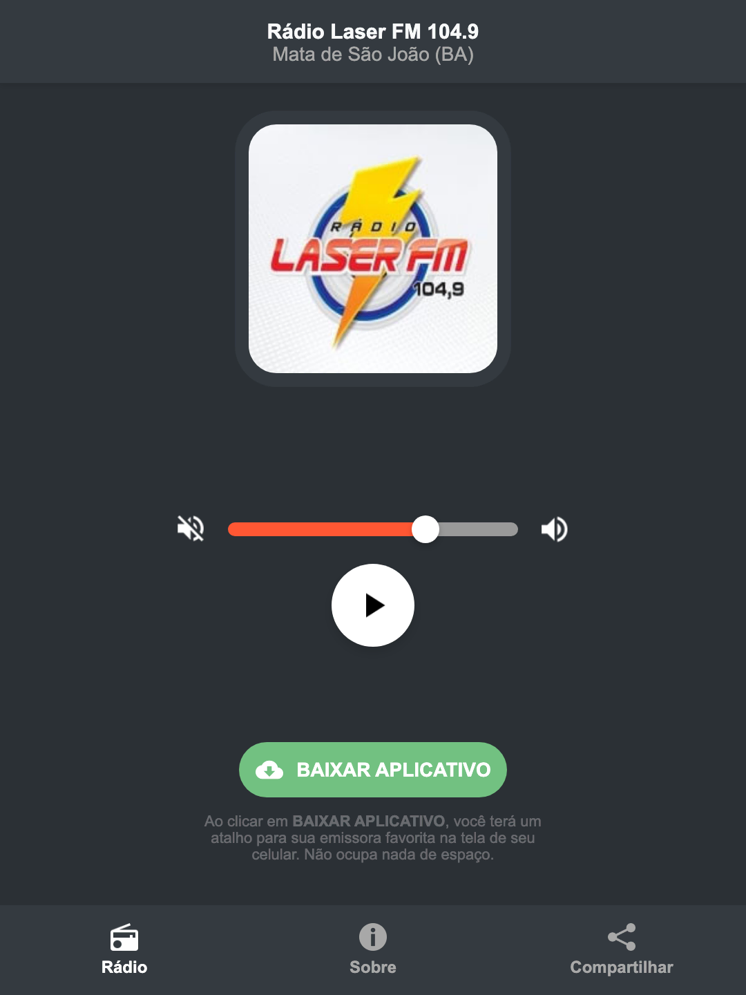 Screenshot do aplicativo da Rádio Laser FM 104.9