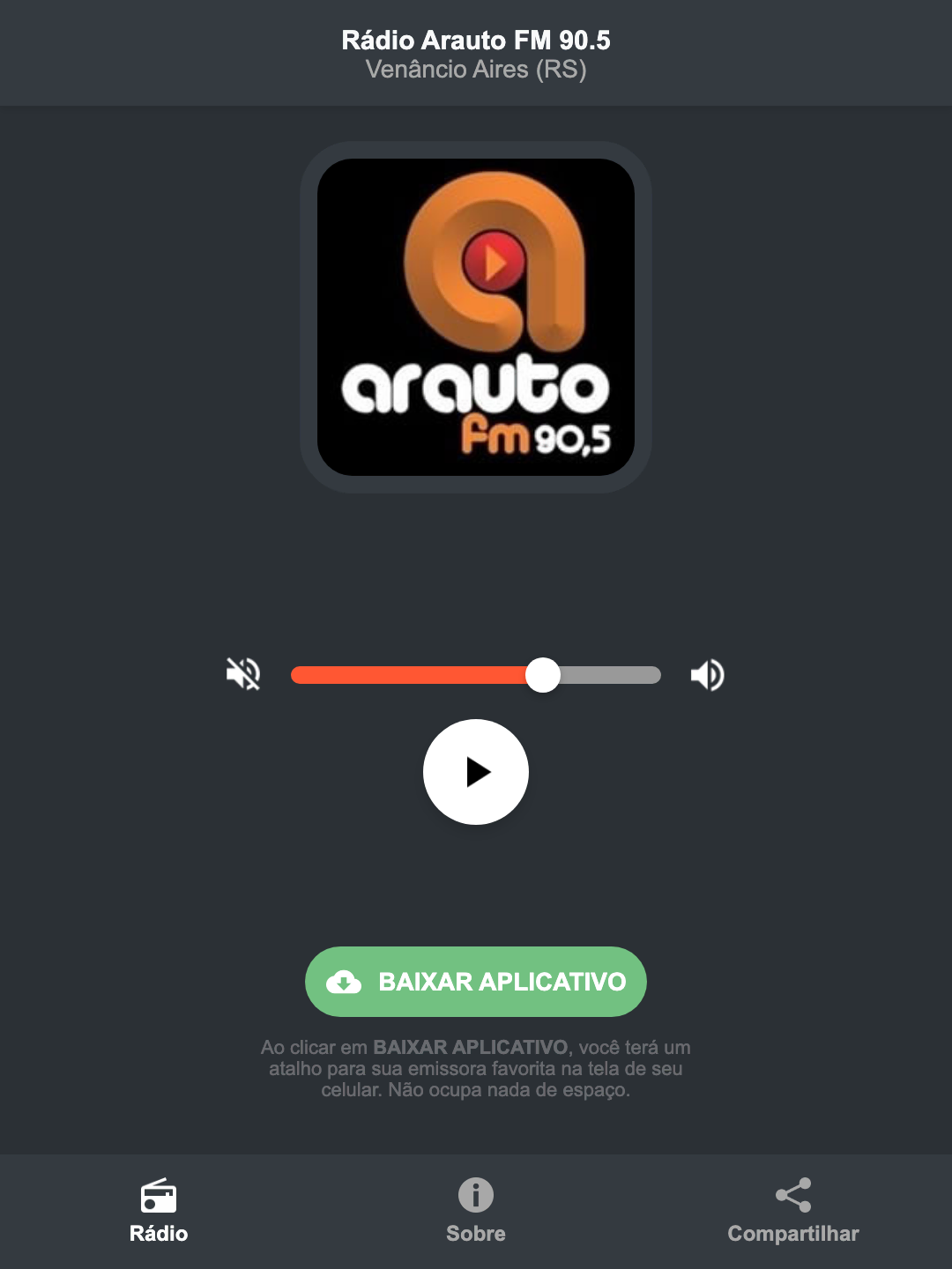 Screenshot do aplicativo da Rádio Arauto FM 90.5