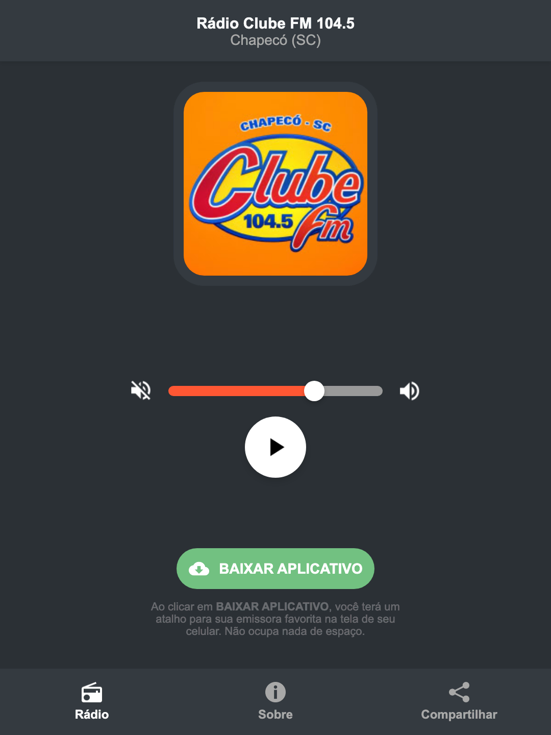 Screenshot do aplicativo da Rádio Clube FM 104.5