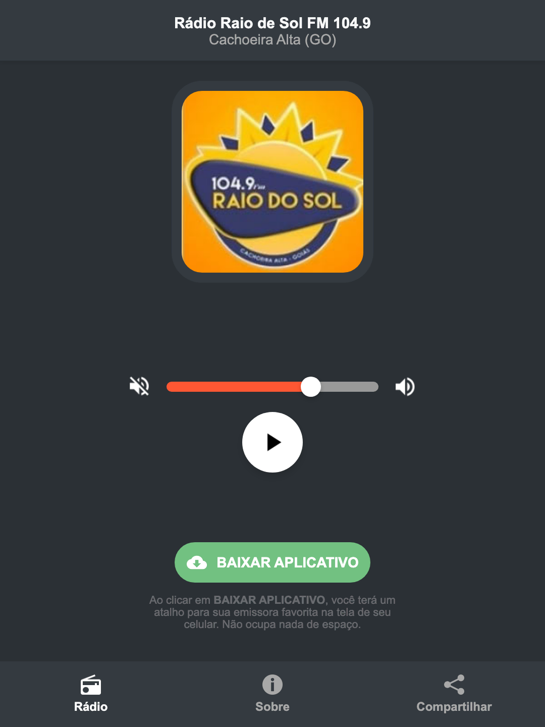 Screenshot do aplicativo da Rádio Raio de Sol FM 104.9