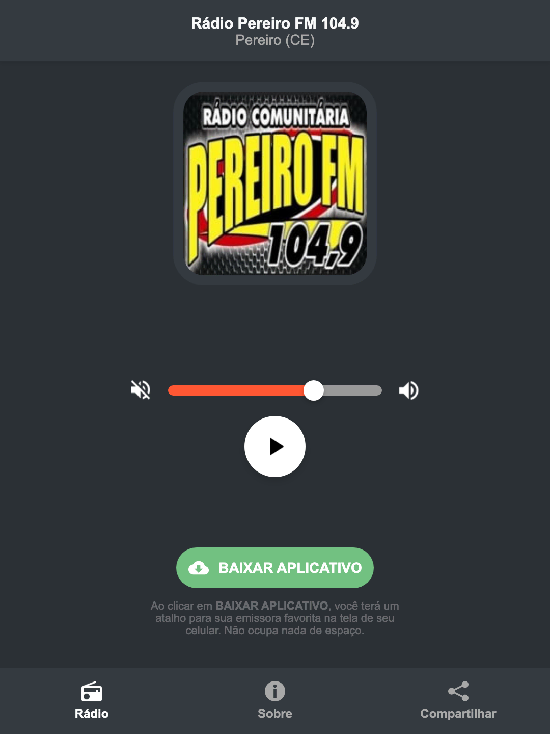 Screenshot do aplicativo da Rádio Pereiro FM 104.9
