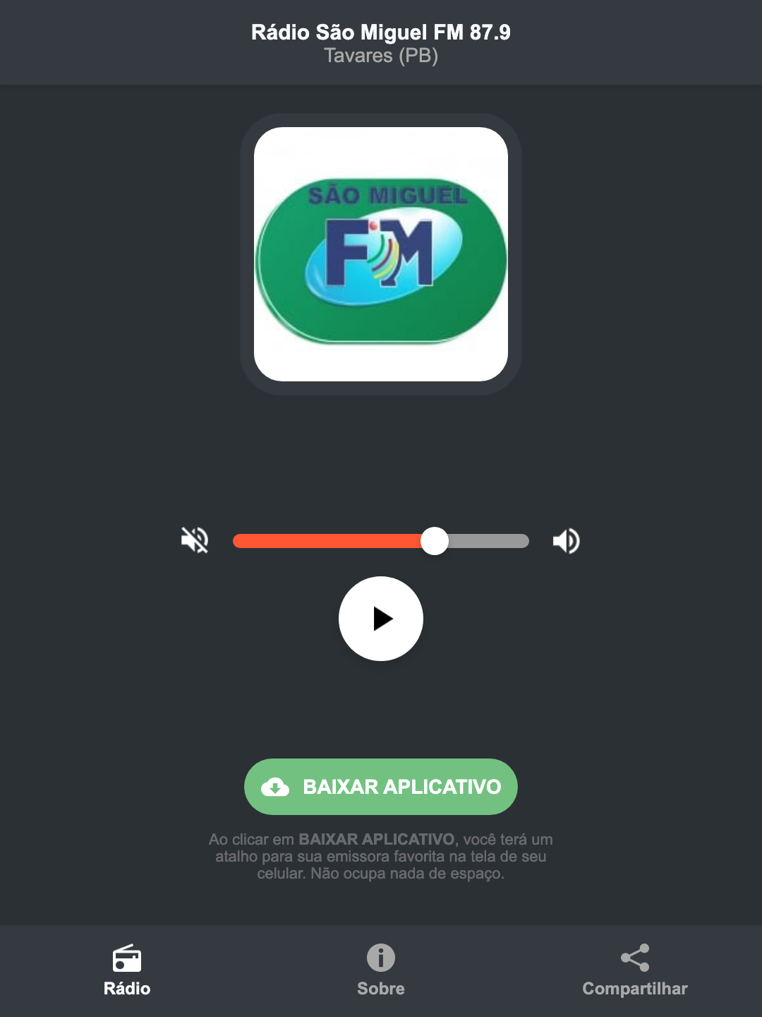 Screenshot do aplicativo da Rádio São Miguel FM 87.9