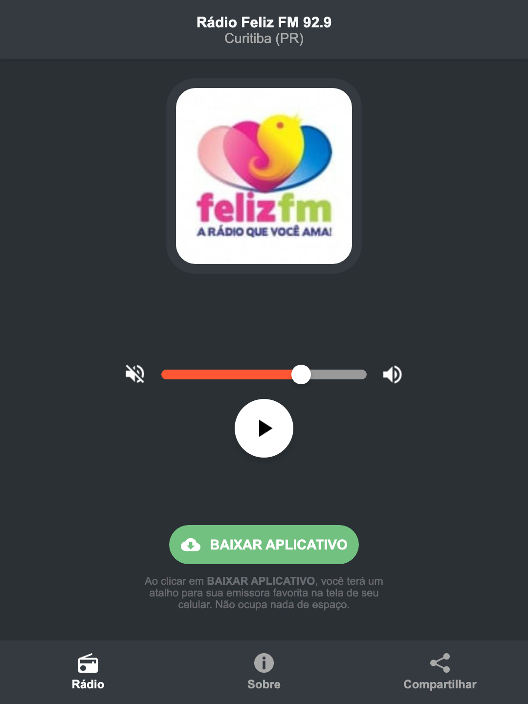 Screenshot do aplicativo da Rádio Feliz FM 92.9