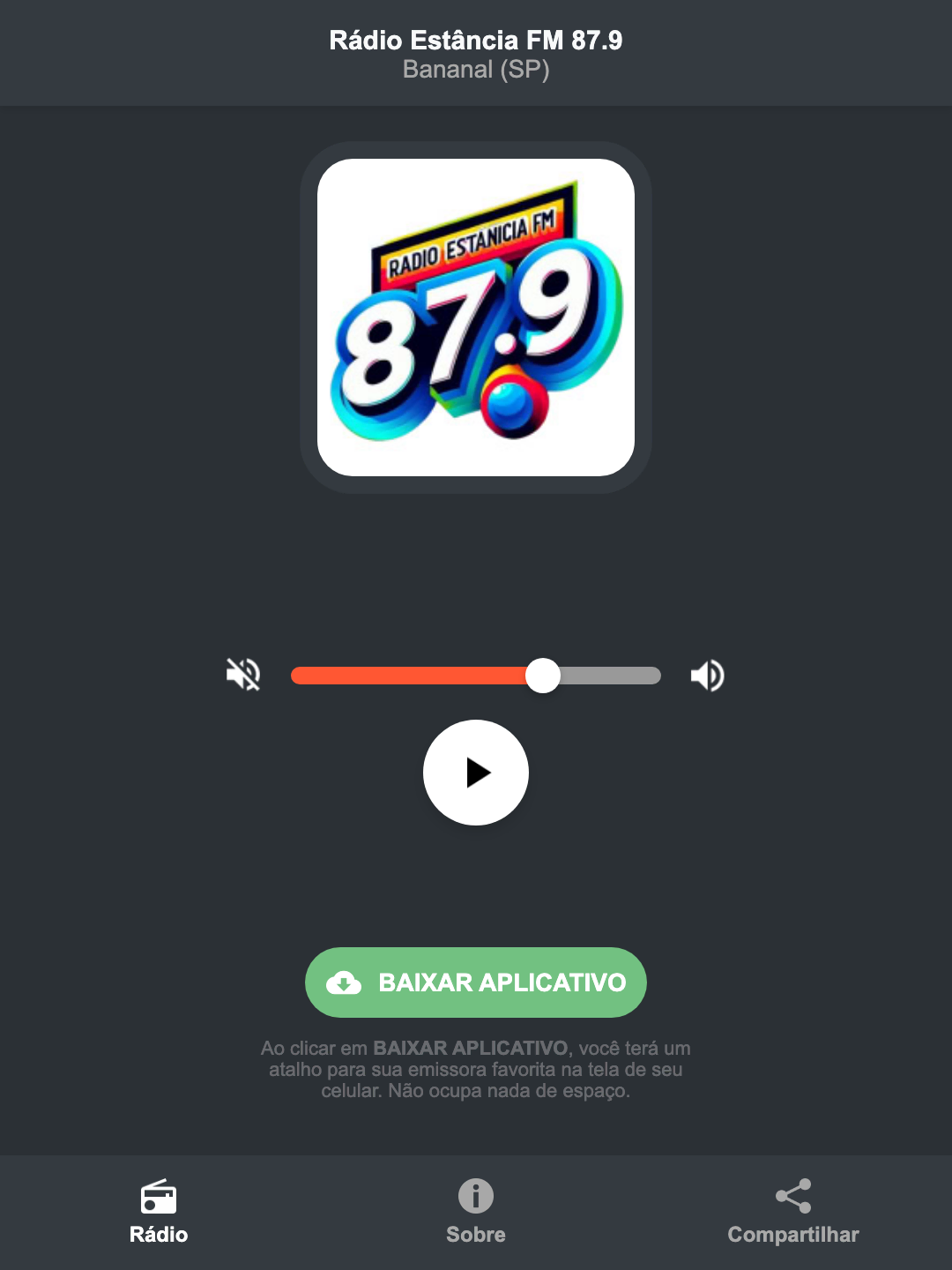 Screenshot do aplicativo da Rádio Estância FM 87.9