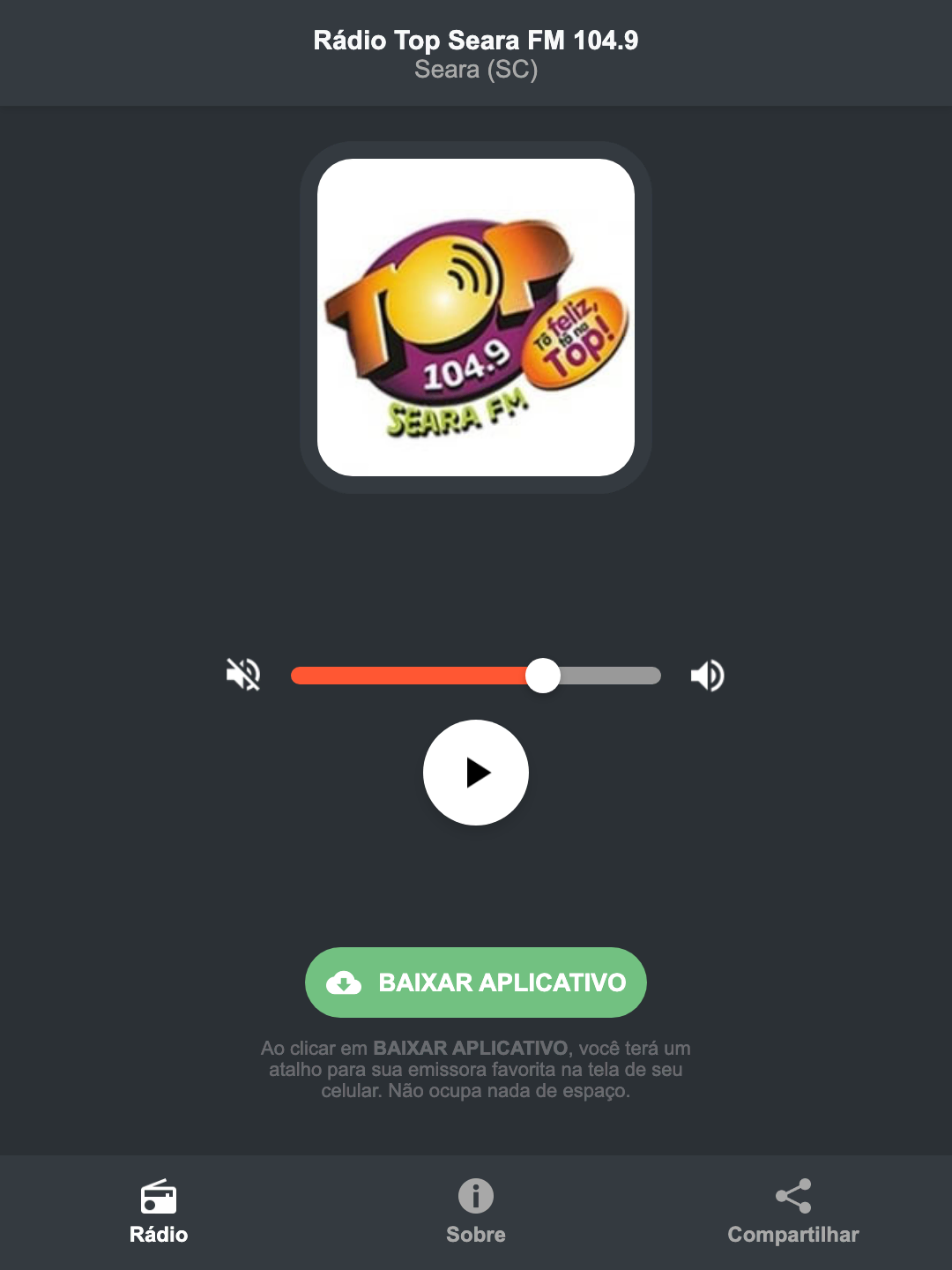 Screenshot do aplicativo da Rádio Top Seara FM 104.9