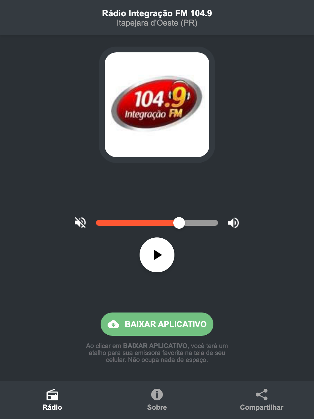 Screenshot do aplicativo da Rádio Integração FM 104.9