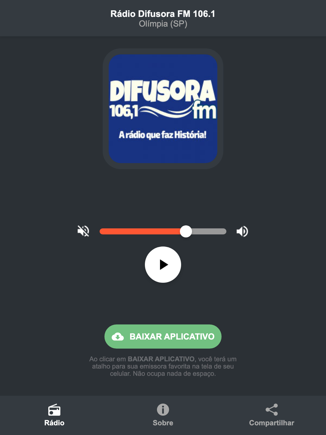 Screenshot do aplicativo da Rádio Difusora FM 106.1