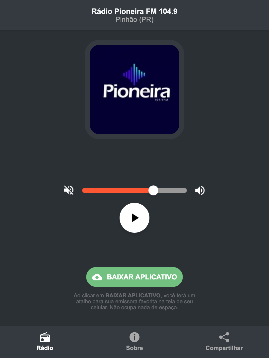 Screenshot do aplicativo da Rádio Pioneira FM 104.9