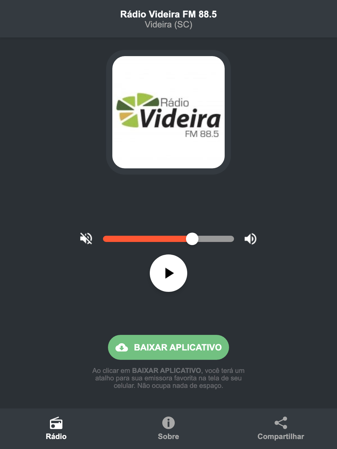 Screenshot do aplicativo da Rádio Videira FM 88.5