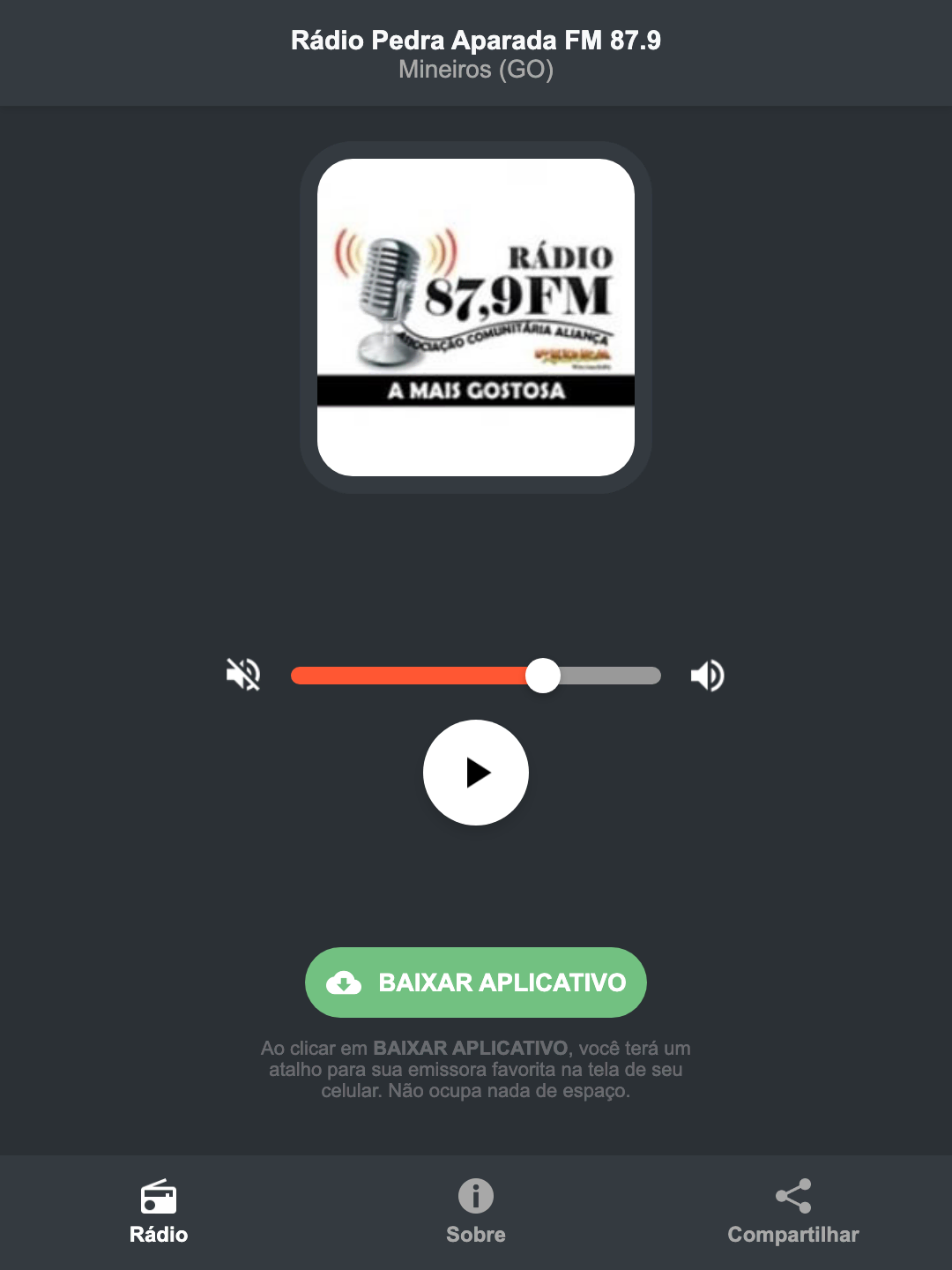 Screenshot do aplicativo da Rádio Pedra Aparada FM 87.9