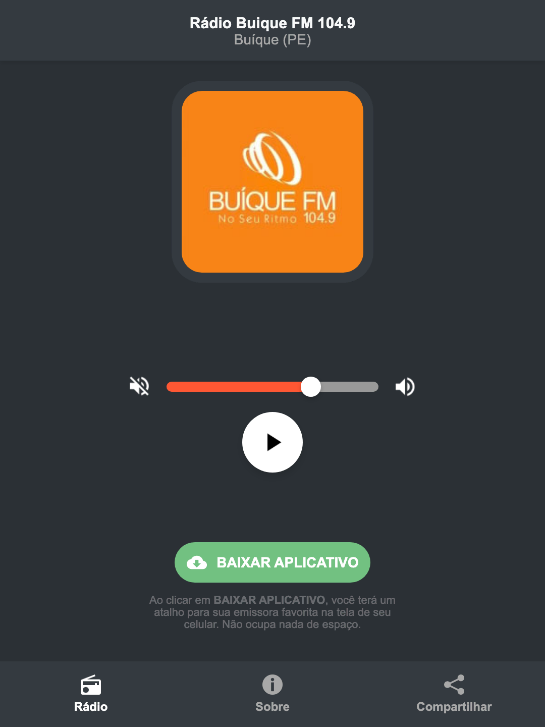 Screenshot do aplicativo da Rádio Buique FM 104.9