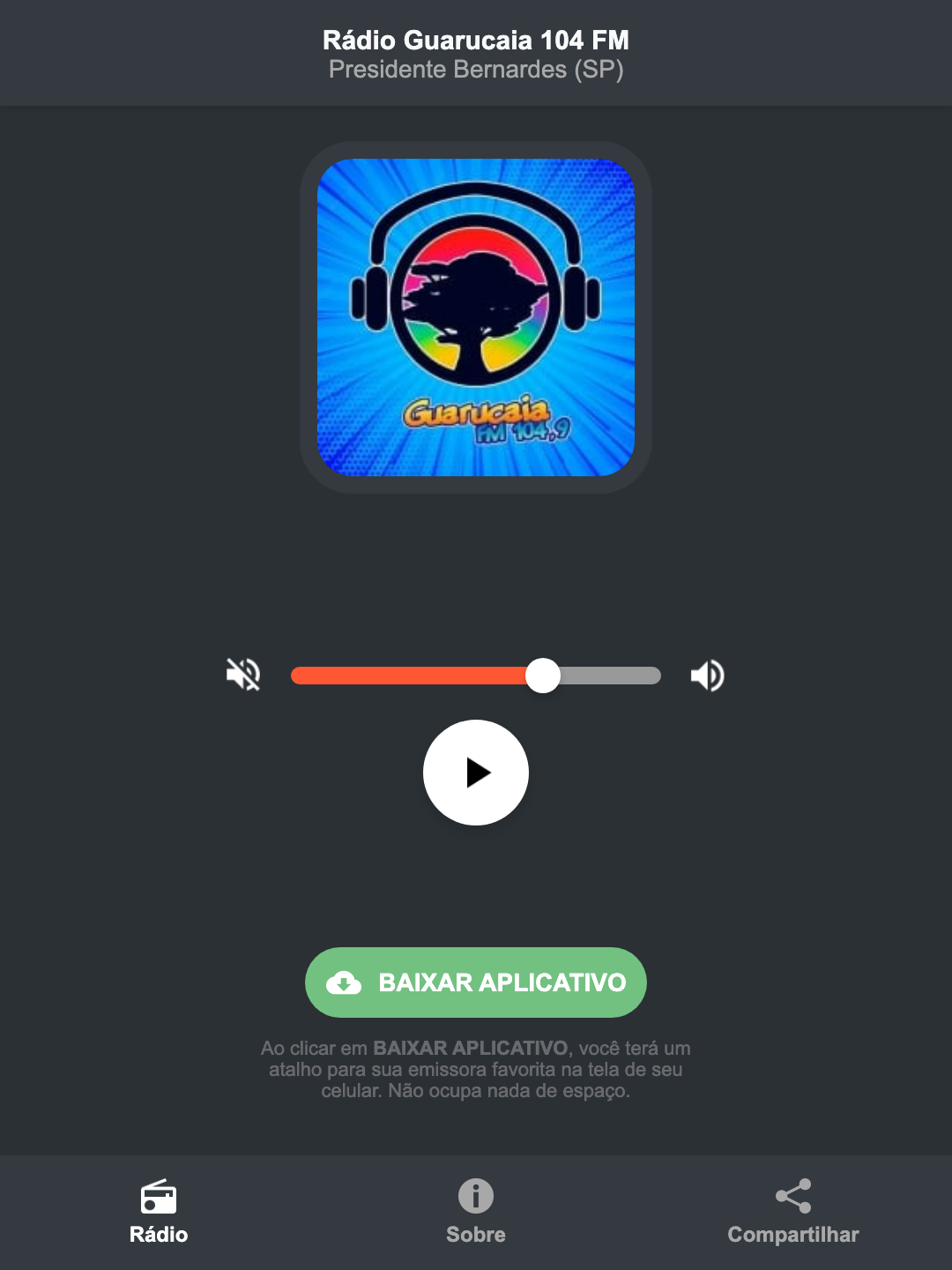 Screenshot do aplicativo da Rádio Guarucaia 104 FM