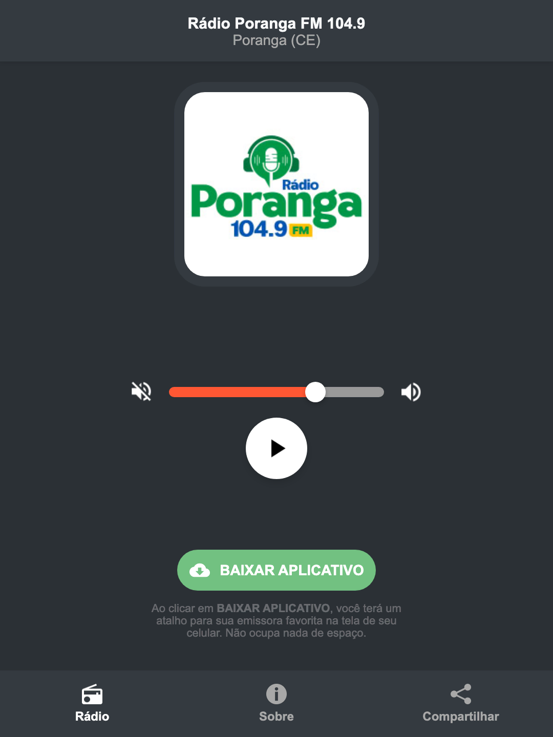 Screenshot do aplicativo da Rádio Poranga FM 104.9