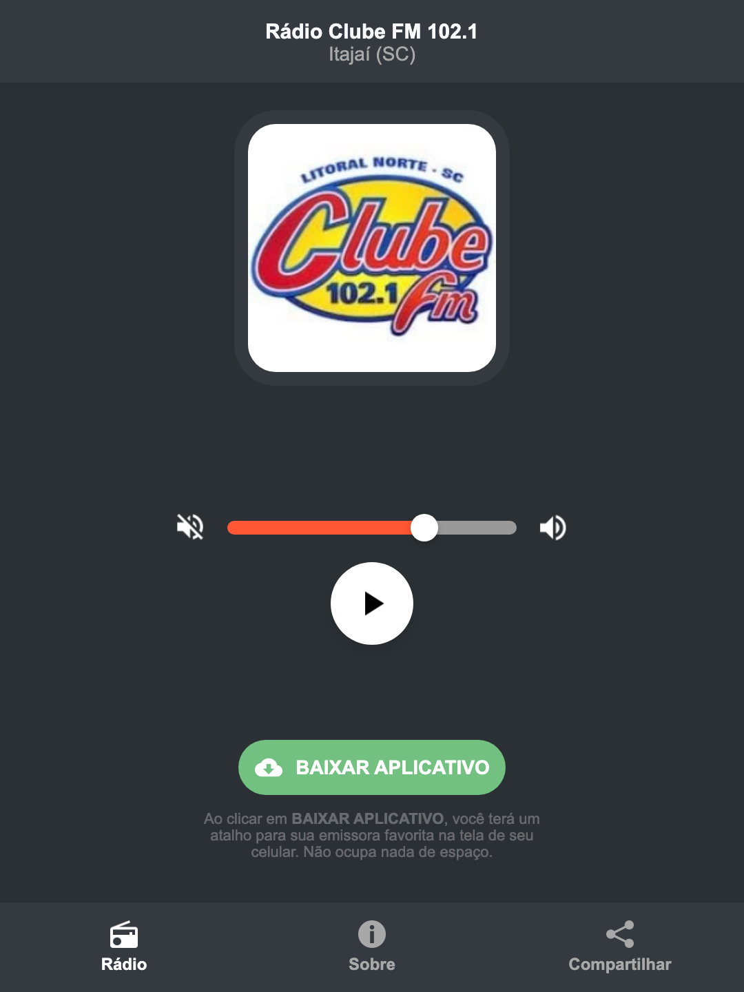 Screenshot do aplicativo da Rádio Clube FM 102.1