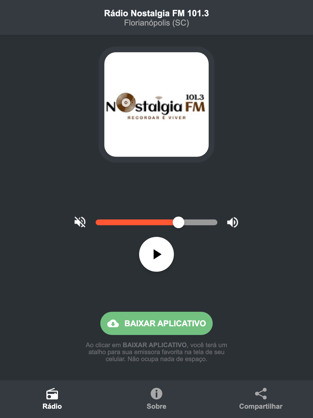 Screenshot do aplicativo da Rádio Nostalgia FM 101.3