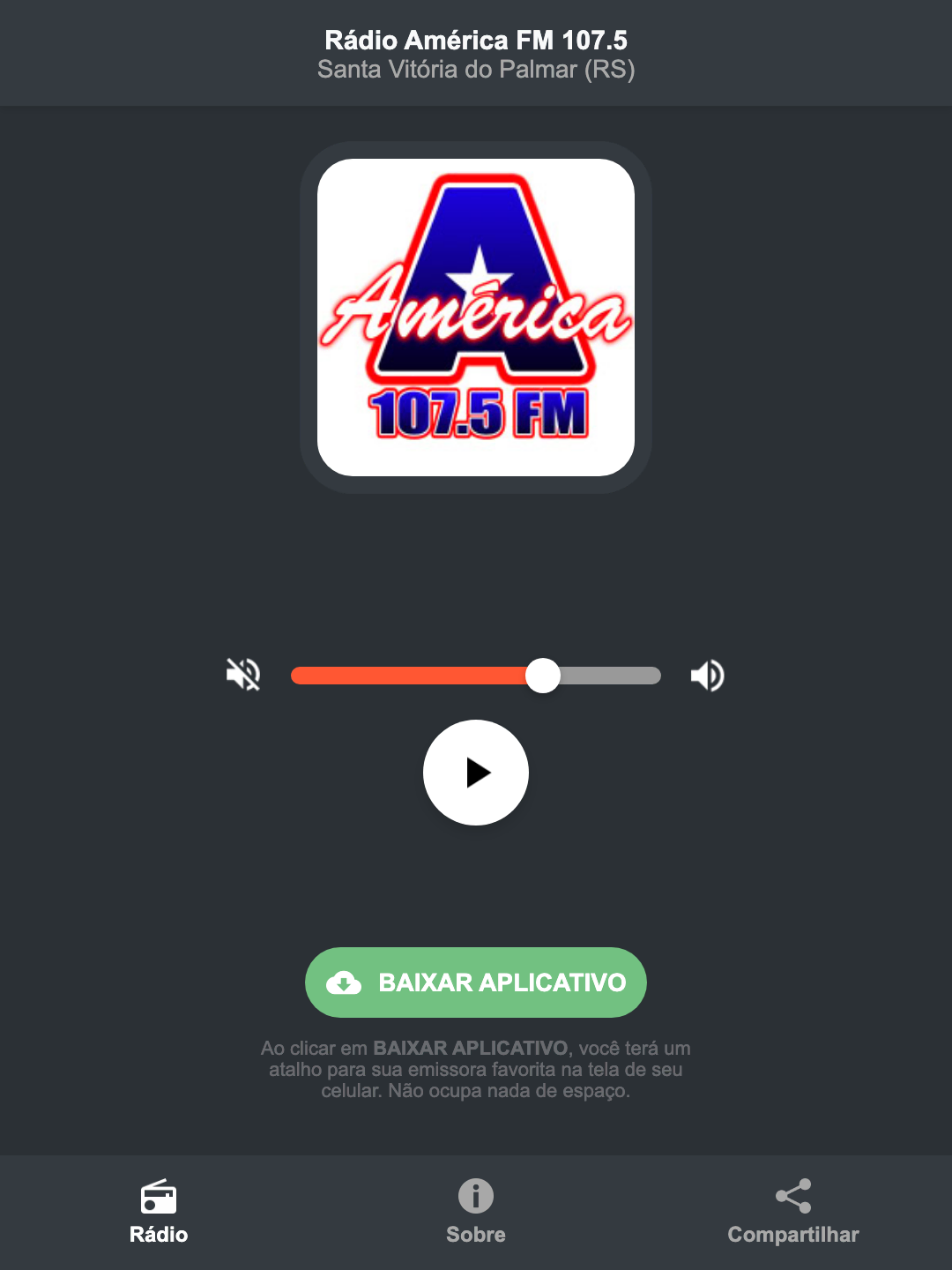 Screenshot do aplicativo da Rádio América FM 107.5