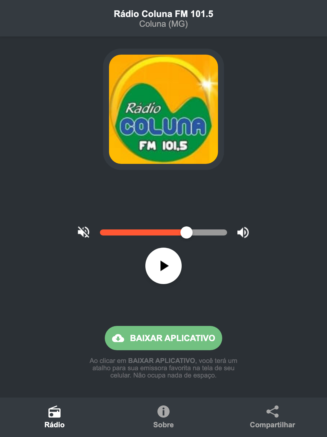 Screenshot do aplicativo da Rádio Coluna FM 101.5