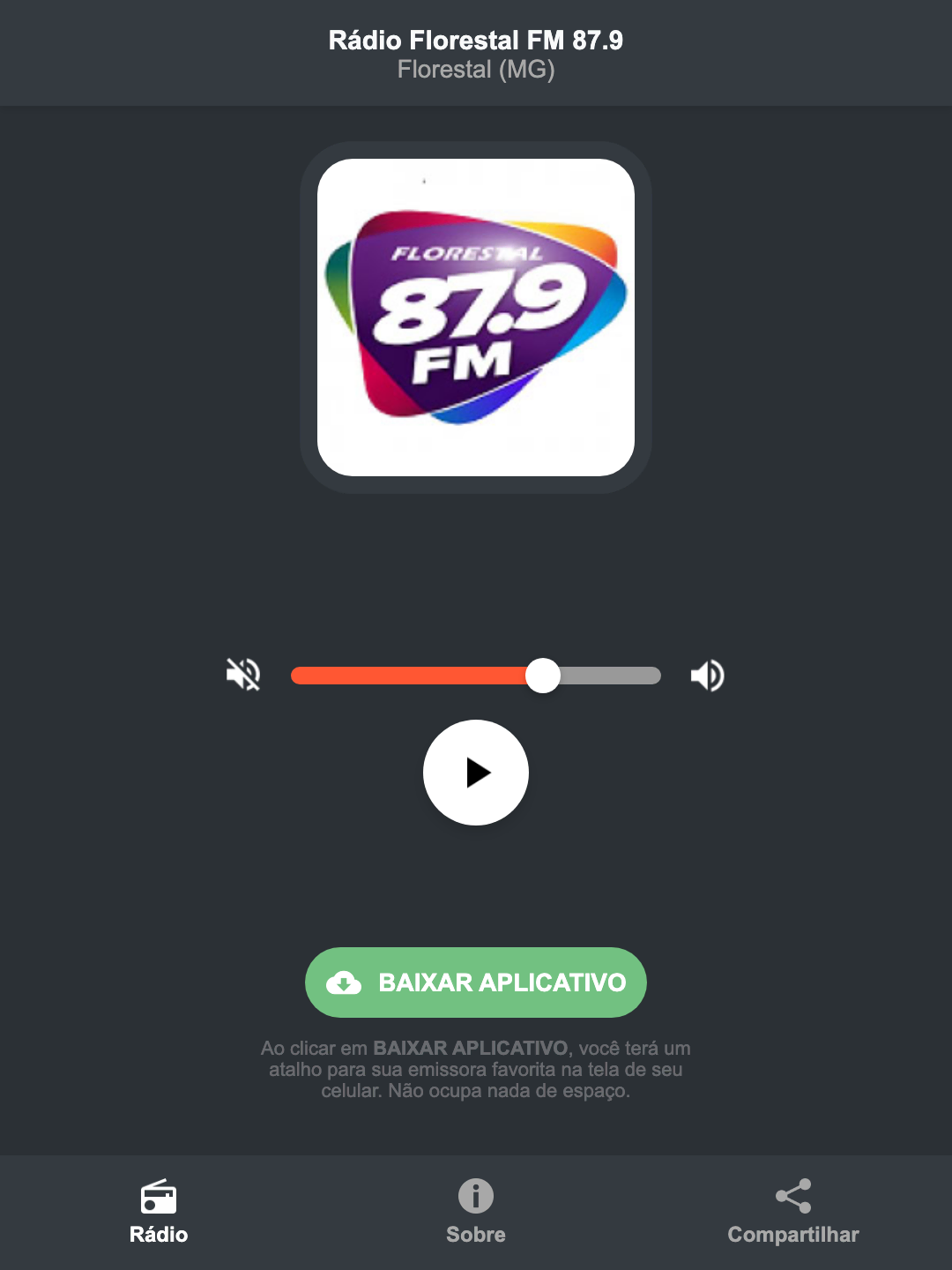 Screenshot do aplicativo da Rádio Florestal FM 87.9