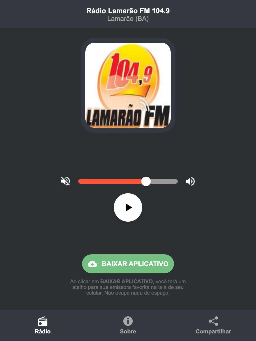 Screenshot do aplicativo da Rádio Lamarão FM 104.9