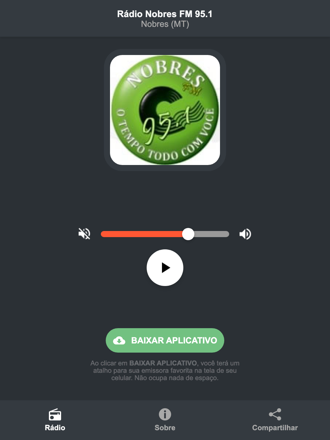 Screenshot do aplicativo da Rádio Nobres FM 95.1